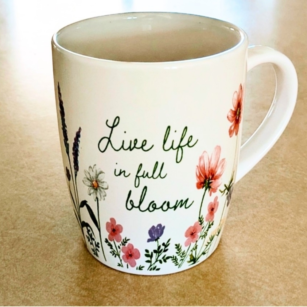Floral Ceramic Mug - White with Multicolor Design "Live Life In Full Bloom"